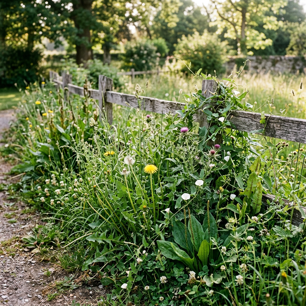 Old wooden fence surrounded by wildflowers and green plants in a rural setting