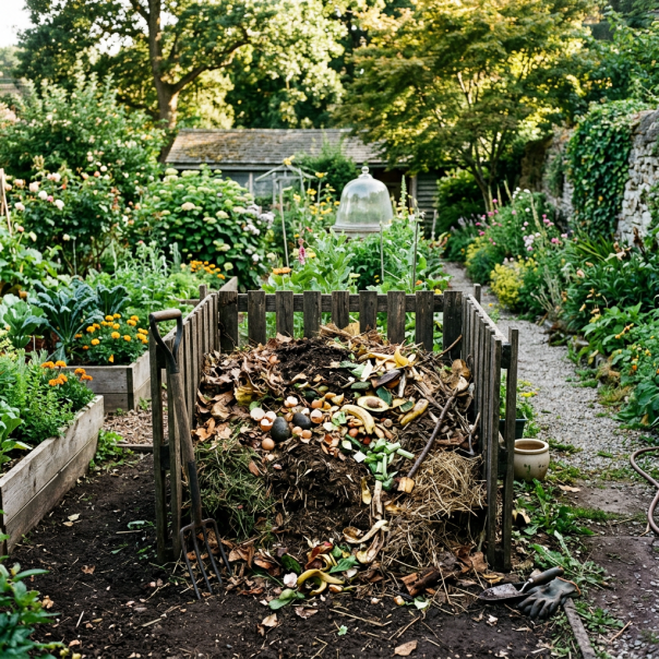 Wooden compost bin filled with organic waste and gardening tools nearby