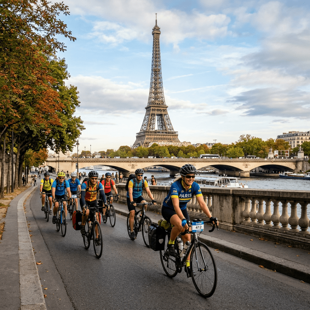 Group of cyclists riding on a riverside path with Eiffel Tower and bridge in background
